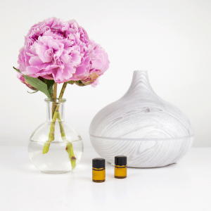 Image of essential oil diffuser and bottles. 