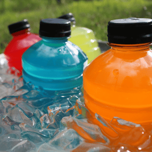 Image of sport drink bottles in ice for electrolytes for migraines. 