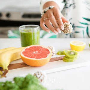 Image of banana and other heathy foods as additional way to help reduce migraine pain. 